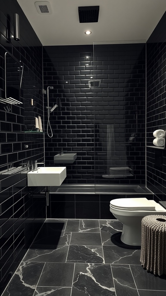 Modern bathroom with polished black tiles and a sleek design.