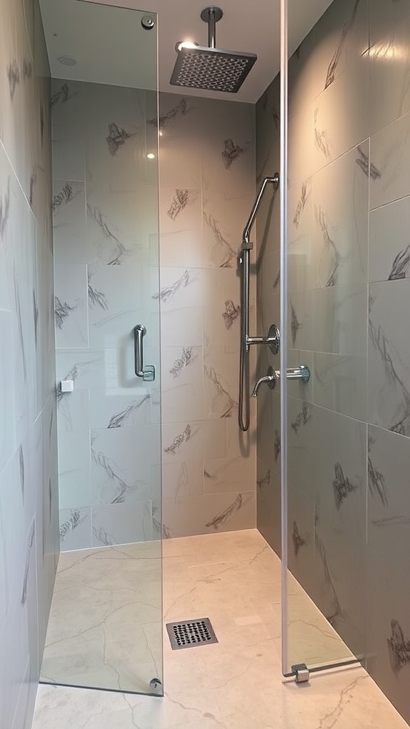 A modern shower space with glass walls and stylish tiles.