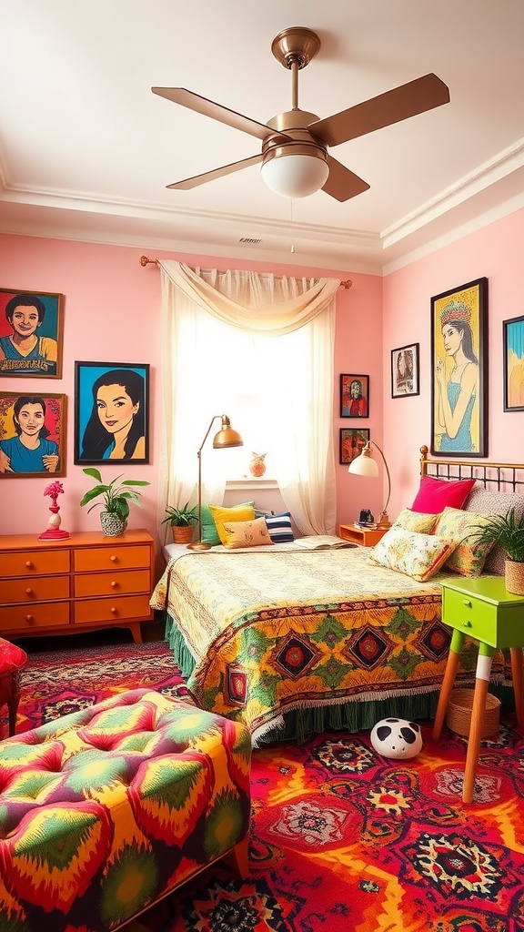 A colorful boho style bedroom featuring pop art portraits, vibrant bedding, and a patterned rug.