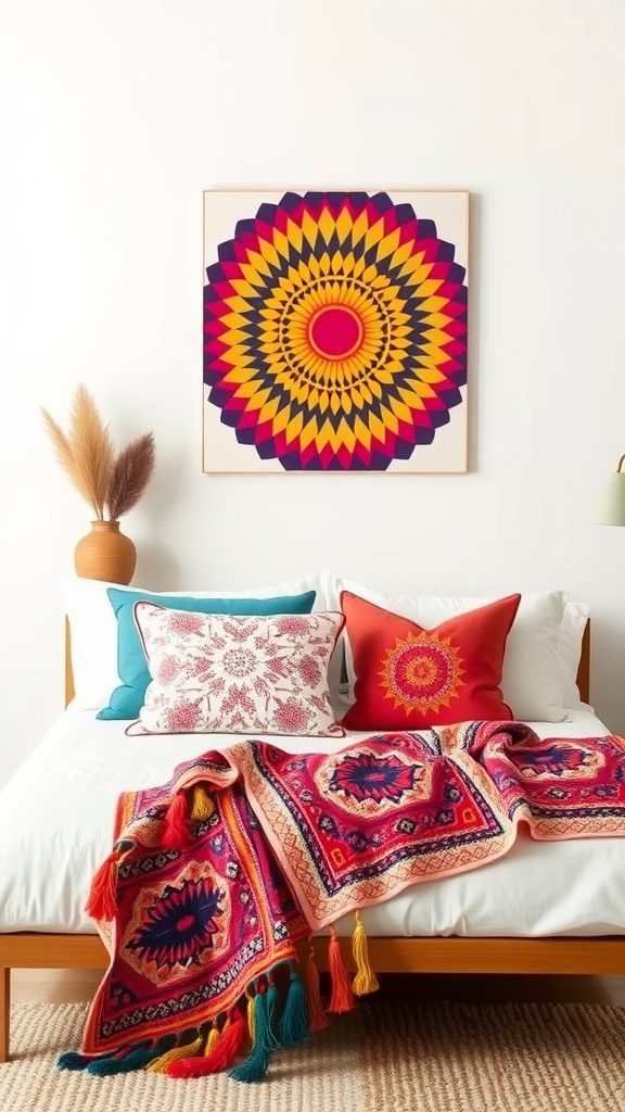 A bright and colorful Boho style bedroom with a patterned throw blanket and pillows on a bed, featuring bold wall art and a decorative vase.