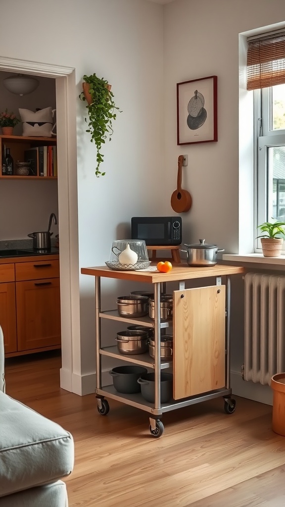 Portable cooking station in a small kitchen with wooden top and storage shelves.