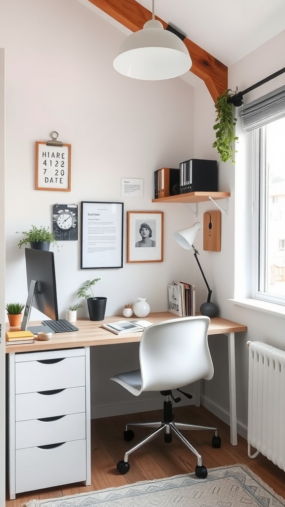 Cozy Tiny Home Office with a wooden desk, white chair, and plants