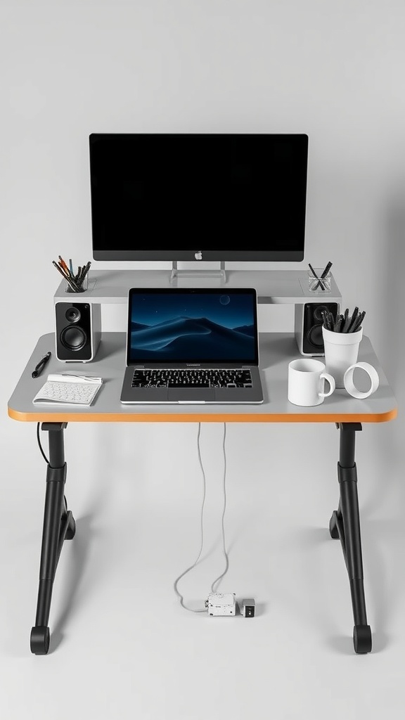 A modern portable office setup featuring a compact desk with a laptop, external monitor, speakers, and organized stationery.