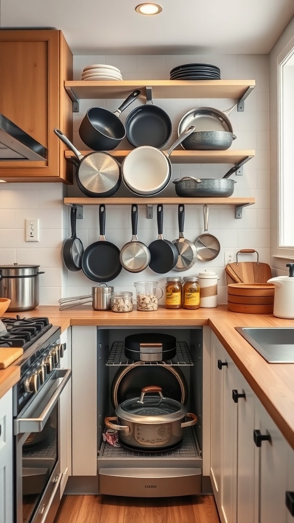 A small kitchen with pots and pans neatly organized on shelves and in a cabinet.