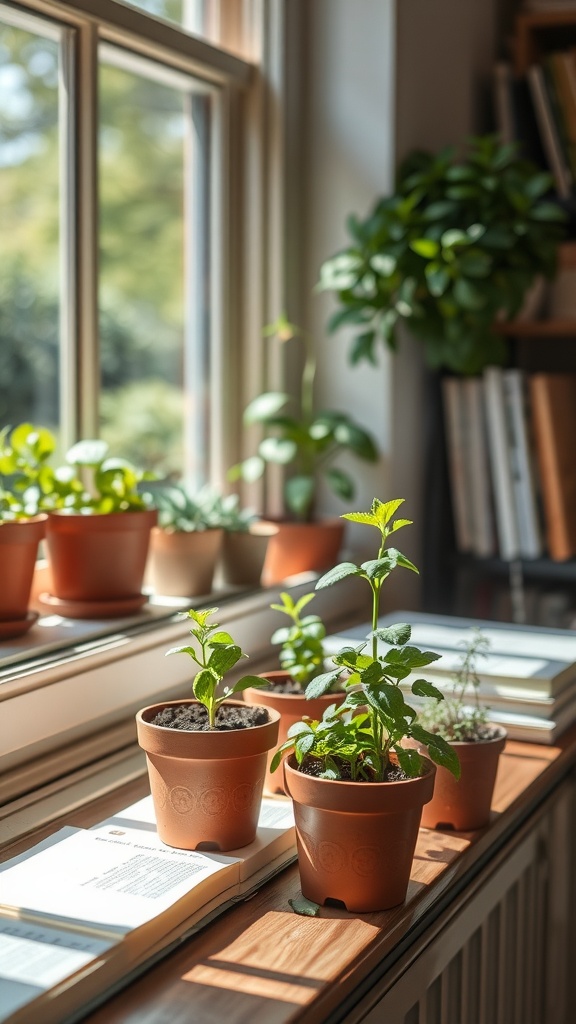 A windowsill in a cozy home office decorated with potted herbs, including mint and rosemary, alongside a few open books.