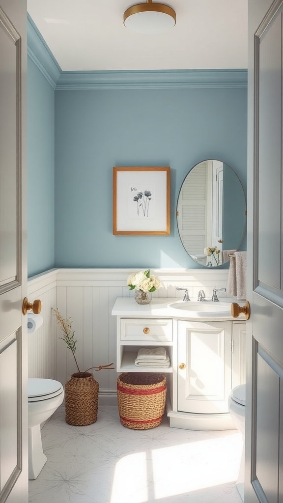 A bright powder room featuring powder blue walls, white fixtures, and natural decor elements.