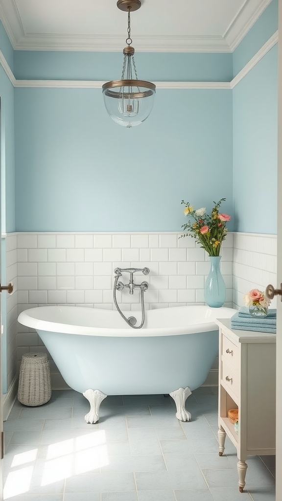 A serene bathroom painted in powder blue, featuring a freestanding bathtub, white tiles, and decorative flowers.