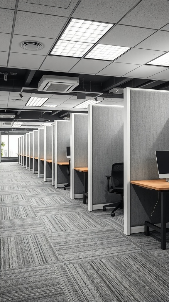A row of cubicles in a modern office space, designed for privacy and focused work.