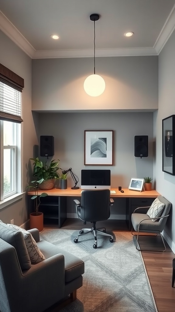 Modern home office with soundproofing and cozy seating