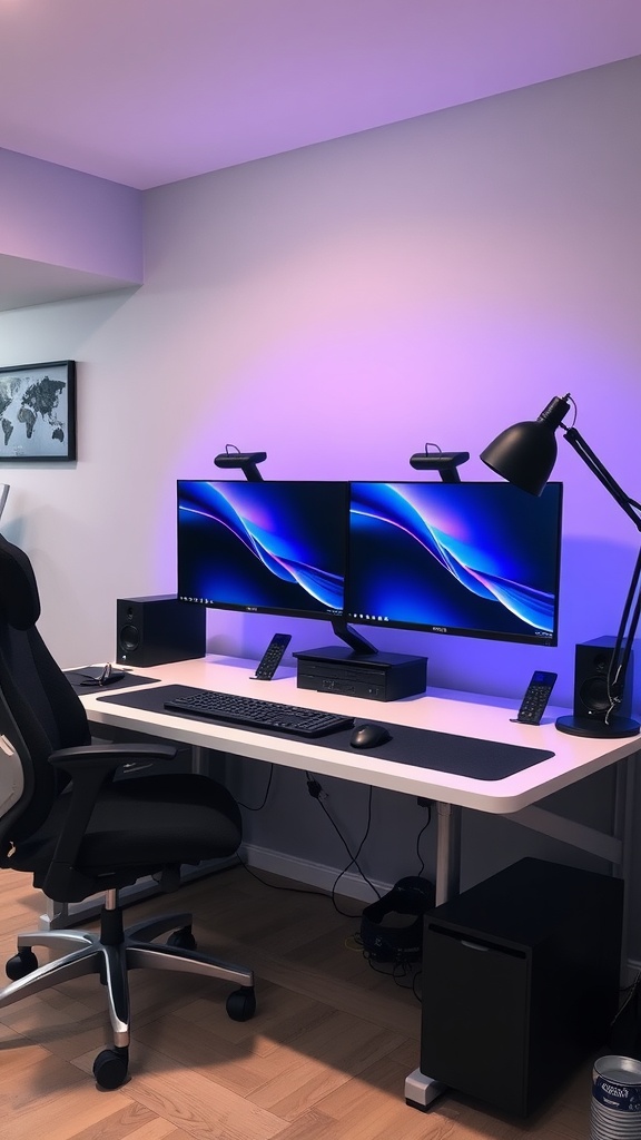 A modern home office setup featuring dual monitors, an ergonomic chair, and a stylish desk with ambient lighting