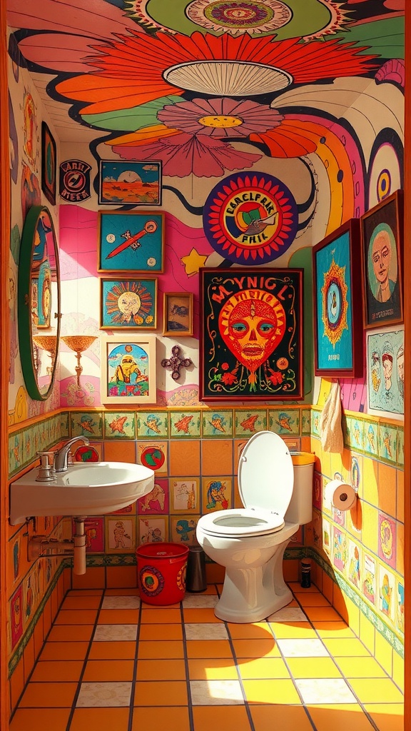 A colorful 70s inspired bathroom with psychedelic art on the walls and ceiling