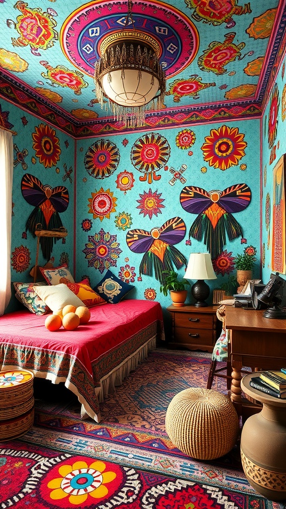 A vibrant Boho style bedroom featuring psychedelic patterns on the walls and ceiling, with colorful textiles and bedding.