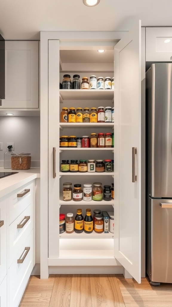 A sleek pull-out pantry with shelves filled with jars and spices.