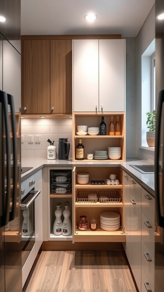 A small kitchen featuring a pull-out pantry with wooden shelves and organized items.