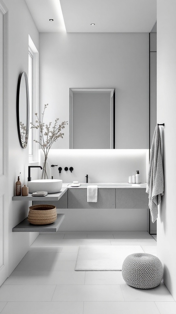 A modern bathroom featuring pure white walls and soft gray fixtures.