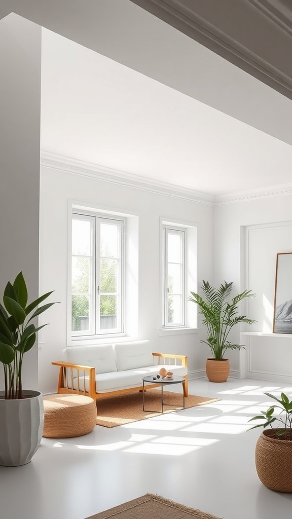 Bright living room painted in Pure White SW 7005 with natural light and plants.