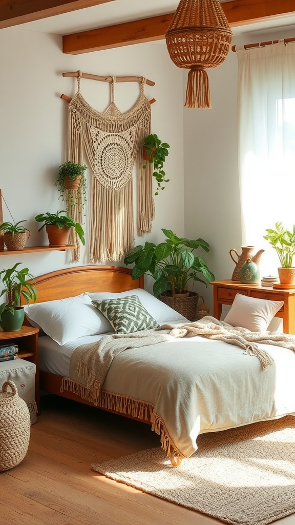 A cozy boho style bedroom featuring a wooden bed, macrame wall art, plants, and warm lighting.