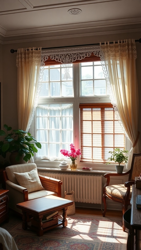 A cozy living room window with lace curtains, wooden blinds, and potted plants.