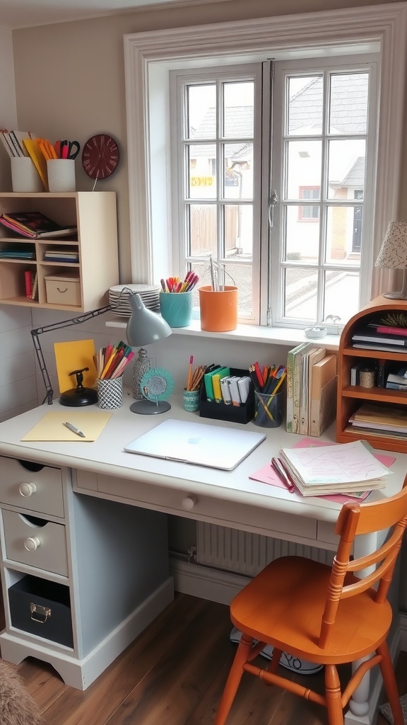 A quaint writing desk with colorful stationery supplies, an orange chair, and bright natural light coming from a window.