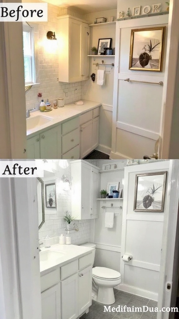 Before and after comparison of a small bathroom makeover showing stylish upgrades.