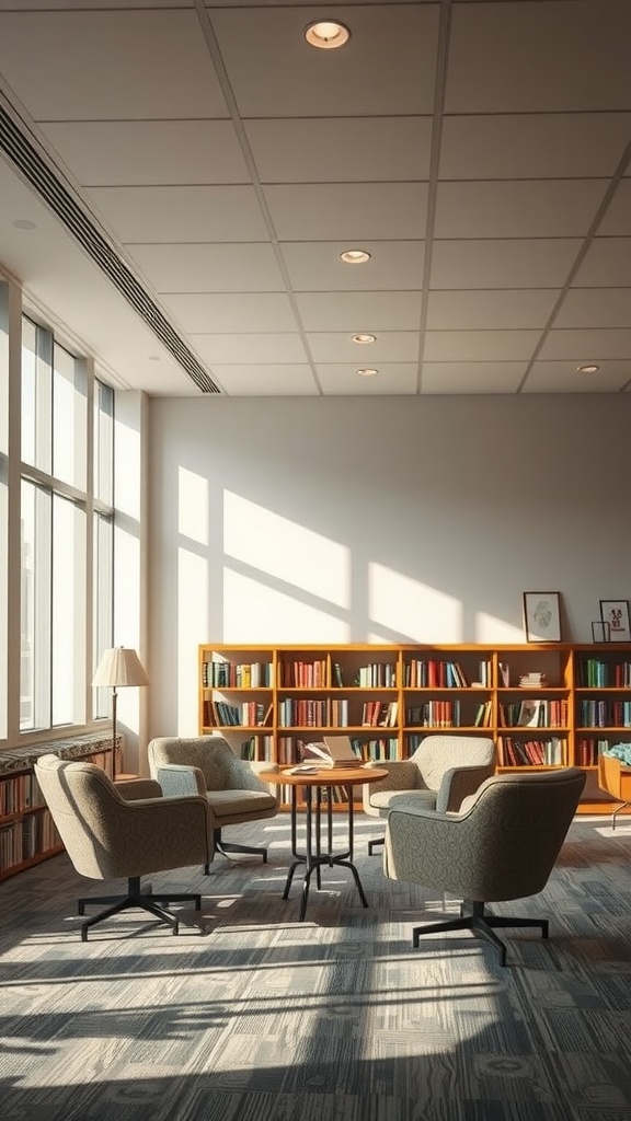 A cozy classroom reading corner with chairs, a table, and bookshelves.