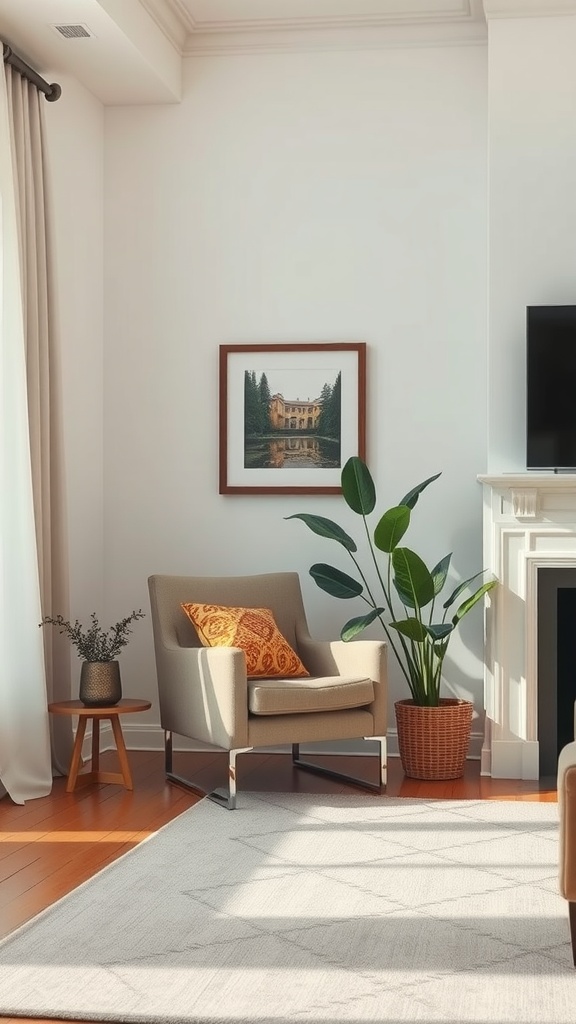 A cozy corner in a living room featuring a comfortable chair, a small table, a plant, and warm natural light.