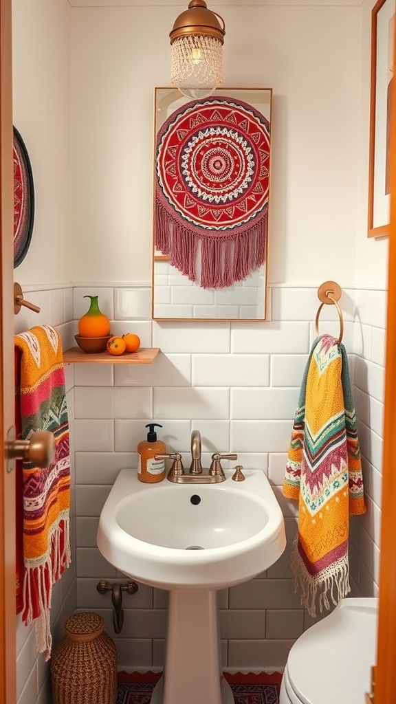 A colorful and quirky Boho bathroom featuring vibrant towels, a unique wall hanging, and decorative fruits.