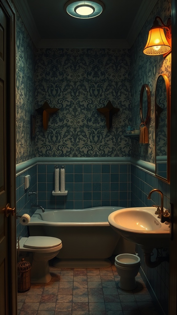 A cozy vintage bathroom featuring blue wallpaper, a curved bathtub, and warm lighting