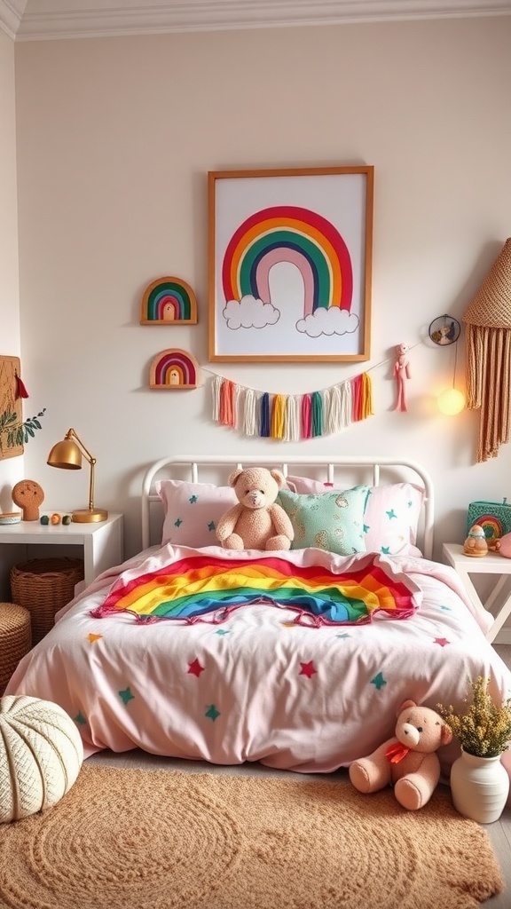 A cozy boho-style bedroom for toddlers featuring a rainbow-themed bedspread, teddy bears, and colorful wall art.