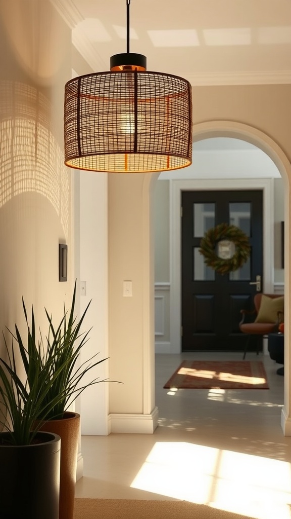 A rattan drum shade lamp hanging in an entrance hall, illuminating the space with warm light and casting shadows on the walls.
