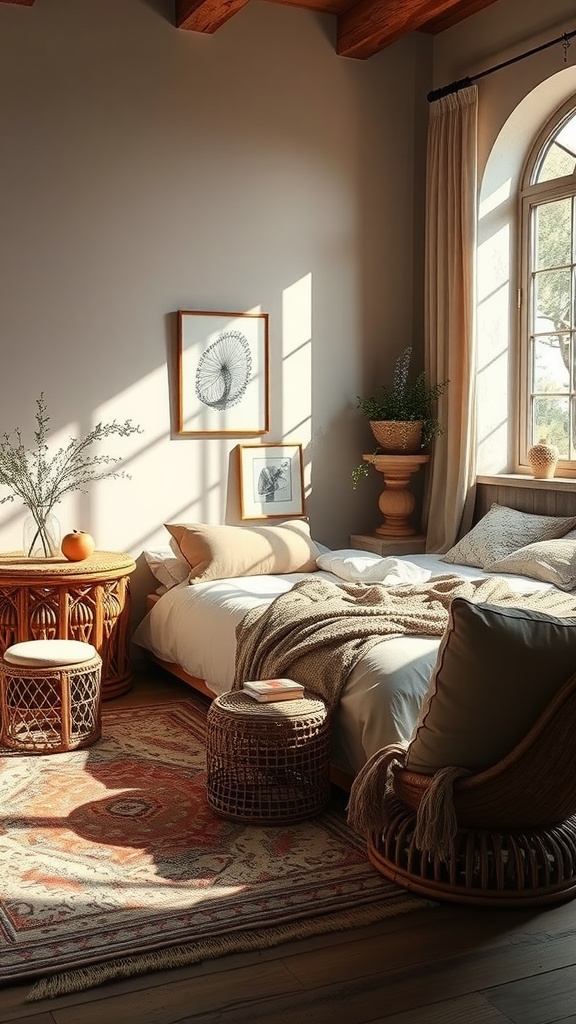 A boho style bedroom featuring rattan furniture, a cozy bed, and earthy tones.