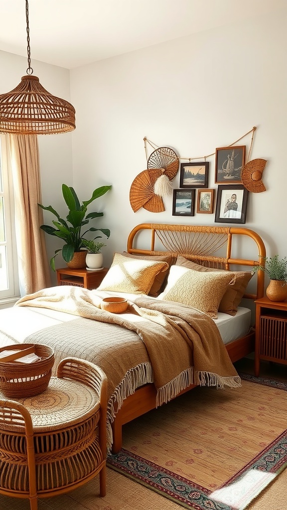 A stylish bedroom featuring rattan furniture, soft textiles, and a calming color palette.