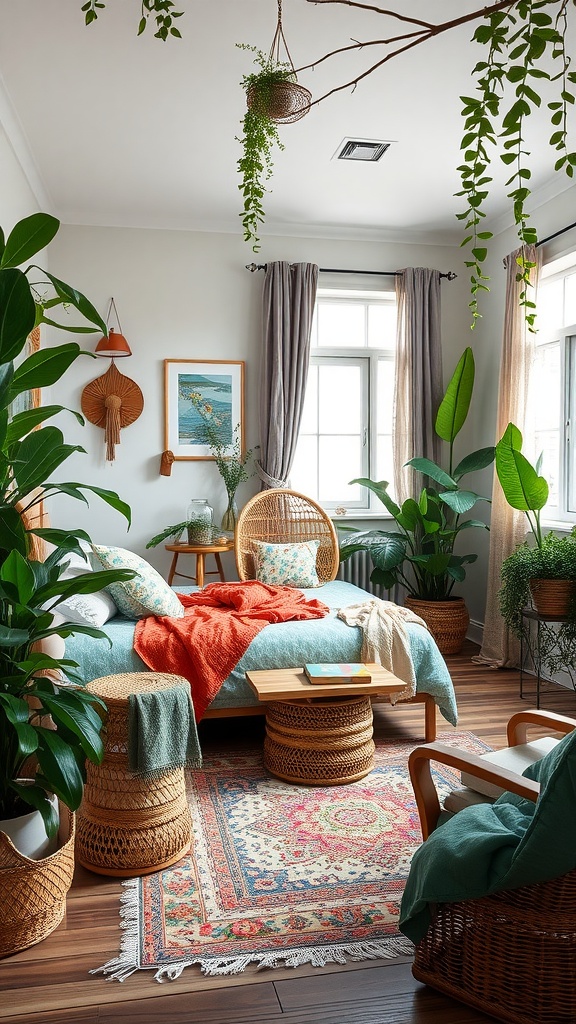 A cozy bedroom with rattan furniture, green plants, and colorful bedding, capturing a Boho jungle theme.