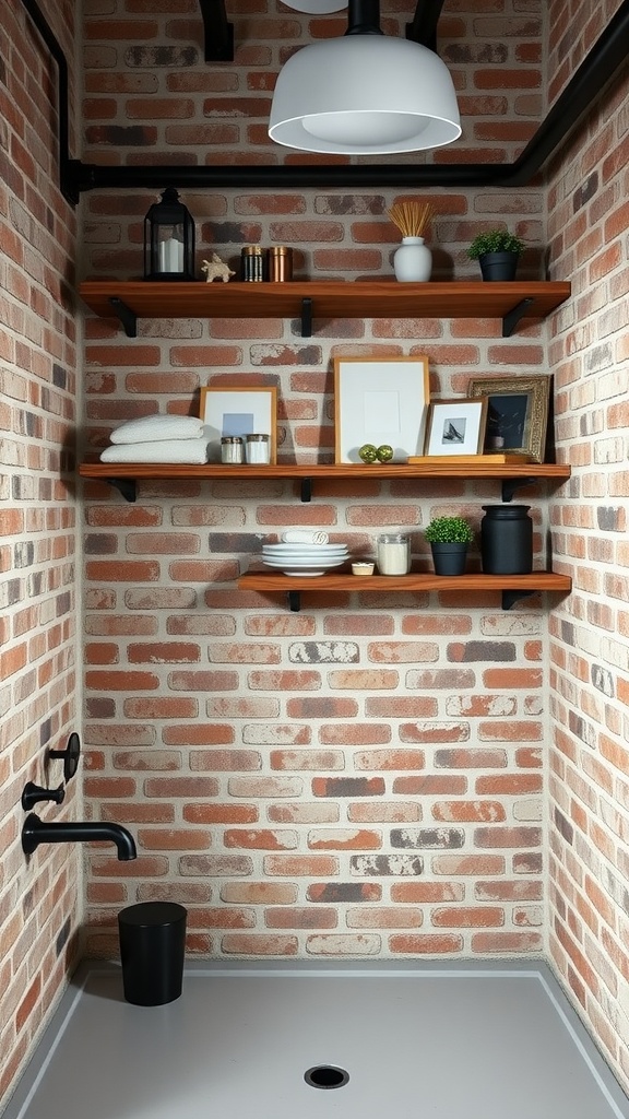 Industrial chic bathroom decor with exposed brick walls and wooden shelves