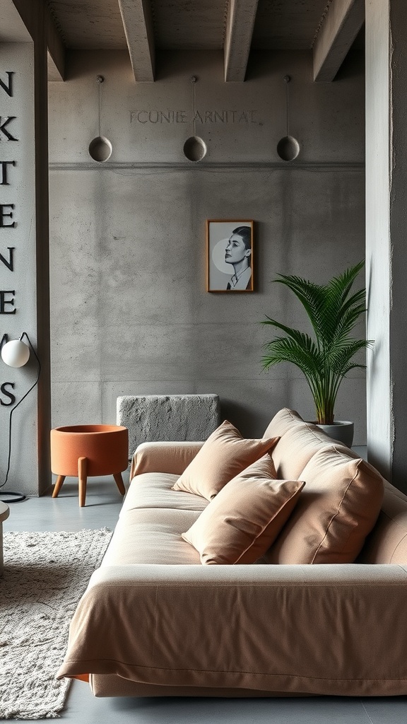 A modern living room featuring concrete walls, a plush sofa with cushions, and decorative elements like a plant and a round table.
