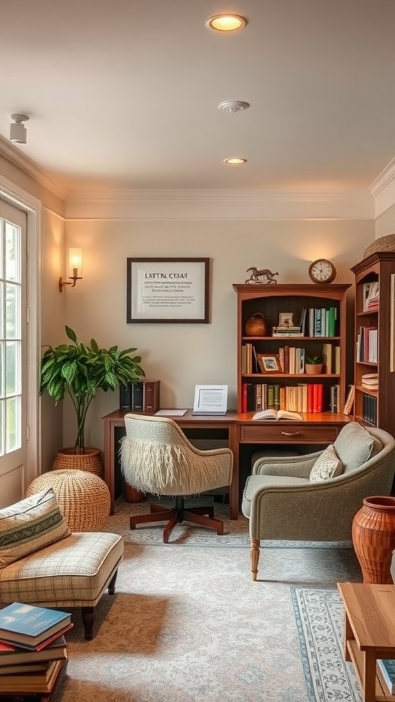 A cozy reading nook in an English cottage style home office, featuring soft lighting, comfortable seating, a bookshelf, and a potted plant.