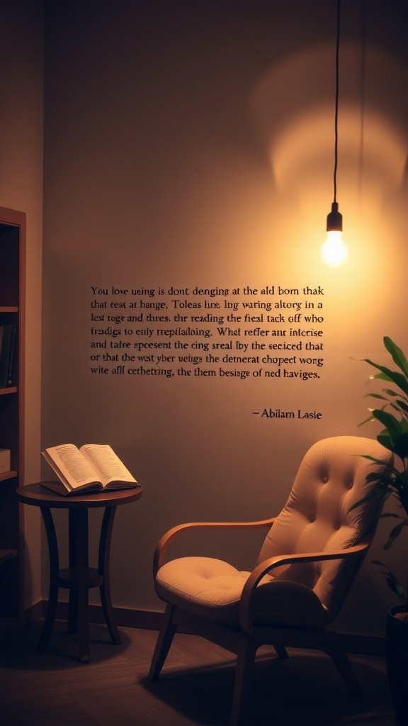 A cozy reading room featuring soft lighting, a comfortable chair, an open book on a side table, and a motivational quote on the wall.