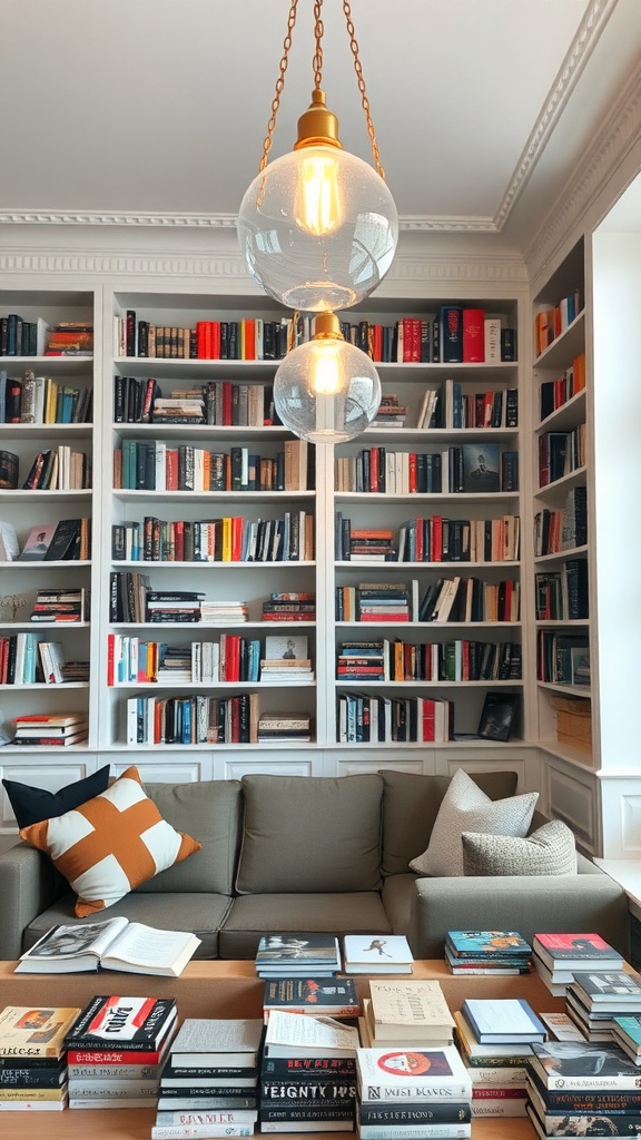 Cozy reading room featuring statement lighting and a comfortable sofa surrounded by books.