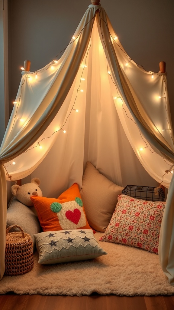 Cozy reading tent with cushions and fairy lights