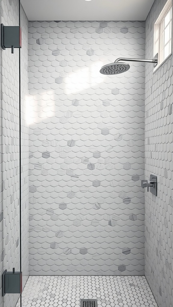 A modern walk-in shower featuring hexagonal penny tiles in white with gray veining