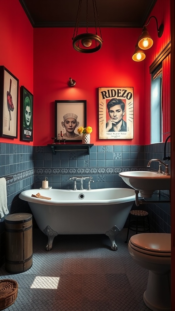 A chic bathroom featuring red walls, blue tiles, and unique art decorations.
