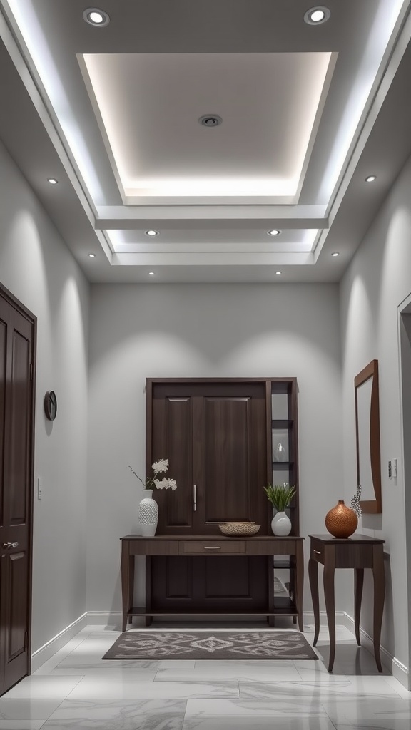 A modern foyer with recessed can lighting and stylish decor.