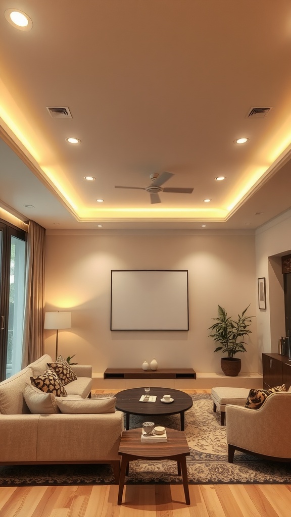 Cozy living room with recessed ceiling lights illuminating the space