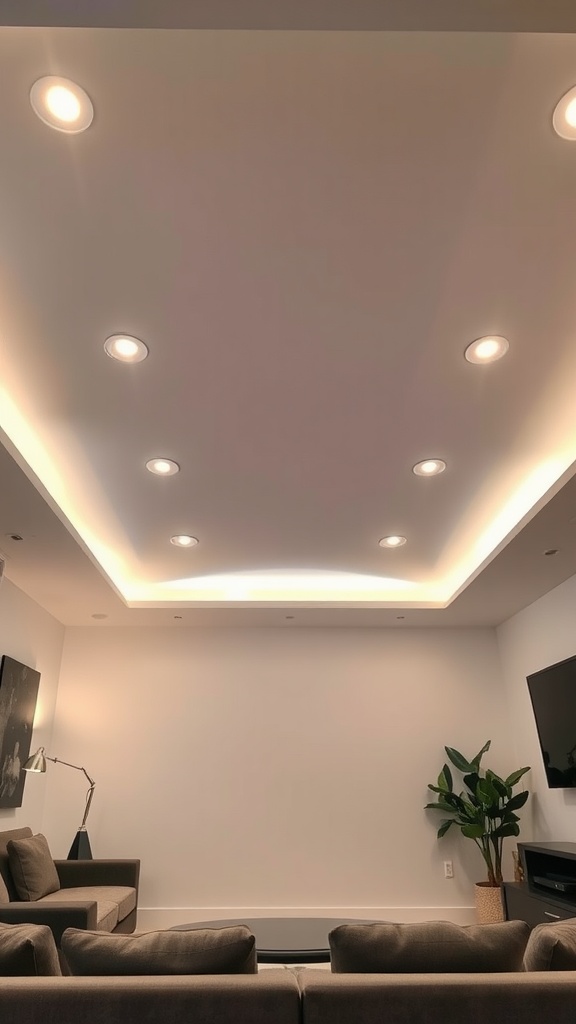 A modern living room with recessed ceiling lights and a cozy seating area.