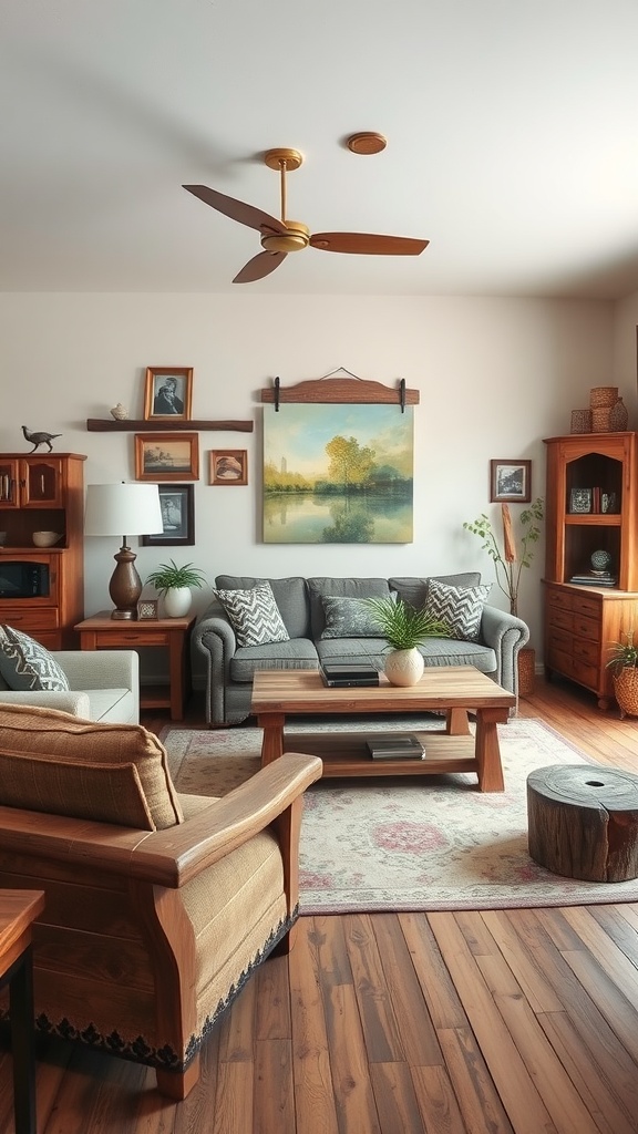 A cozy living room featuring reclaimed wood furniture, including a coffee table and side tables, with soft seating and warm decor.
