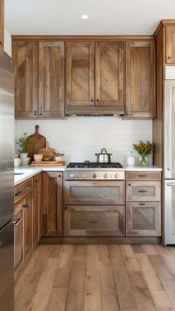 Reclaimed wood cabinets in a farmhouse kitchen with a sink and countertop.