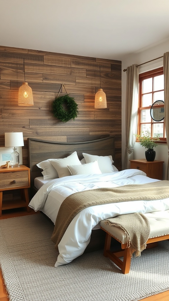 Cozy rustic bedroom with reclaimed wood accent wall and white bedding