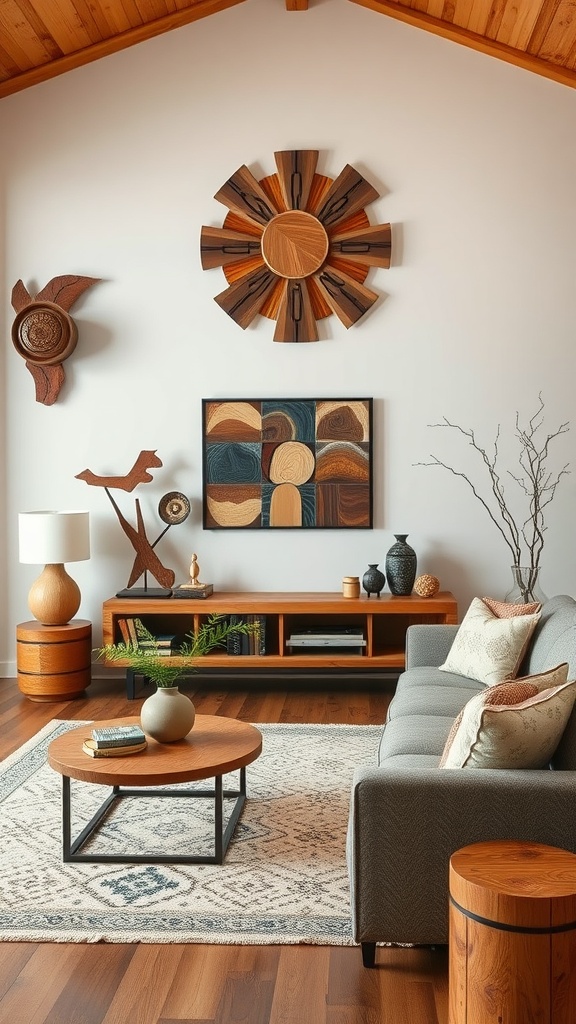 A cozy living room featuring reclaimed wood decorations, including wall art and furniture, surrounded by natural elements.