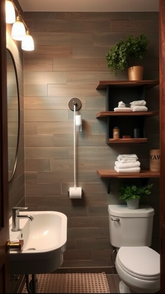 A cozy bathroom with reclaimed wood details, featuring wooden shelves and warm lighting.