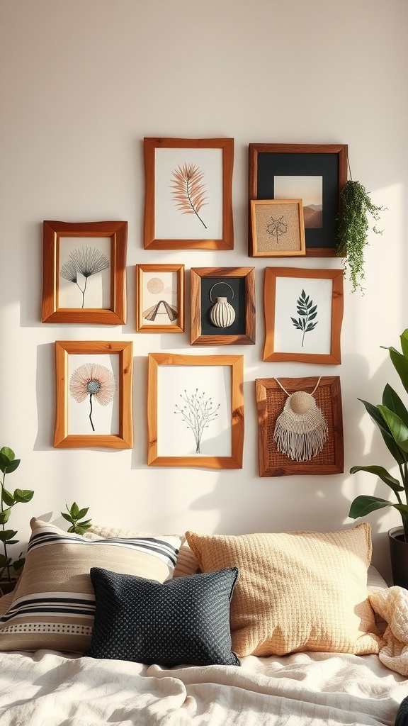 A gallery wall featuring reclaimed wood picture frames with various artworks, complemented by soft pillows and plants in a boho-themed bedroom.